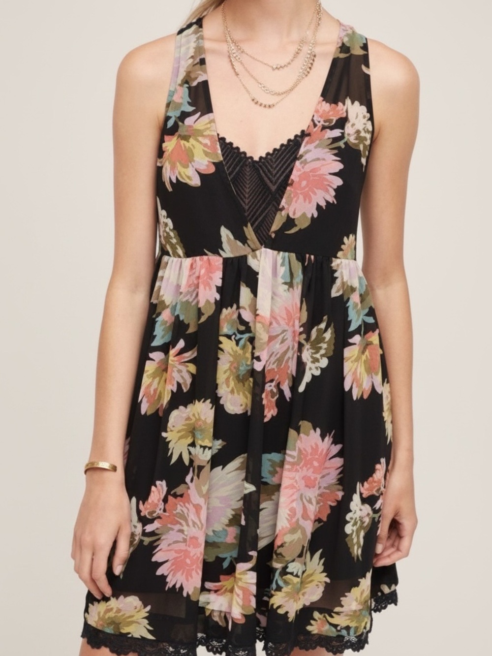Anthropologie Maeve Violetta Floral Mini Dress Womens XXS Petite Black Pink